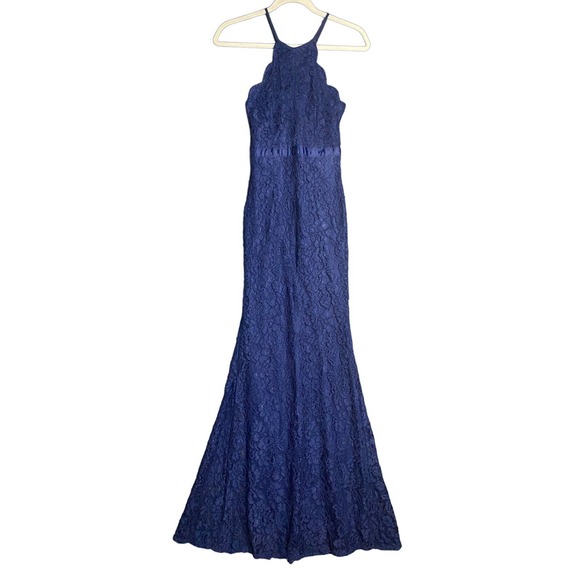 Lulus Maxi Gown Dress XS Navy Blue Lace Zenith Trumpet Hem Cocktail Formal - Picture 2 of 12